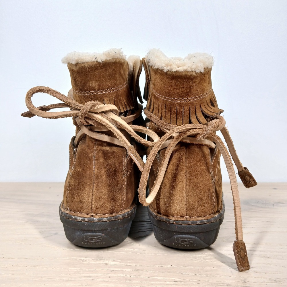 UGG Australia Boots Womens 11 Brown Suede Shearling Lace Up Wrap Tie Boho - Picture 4 of 10